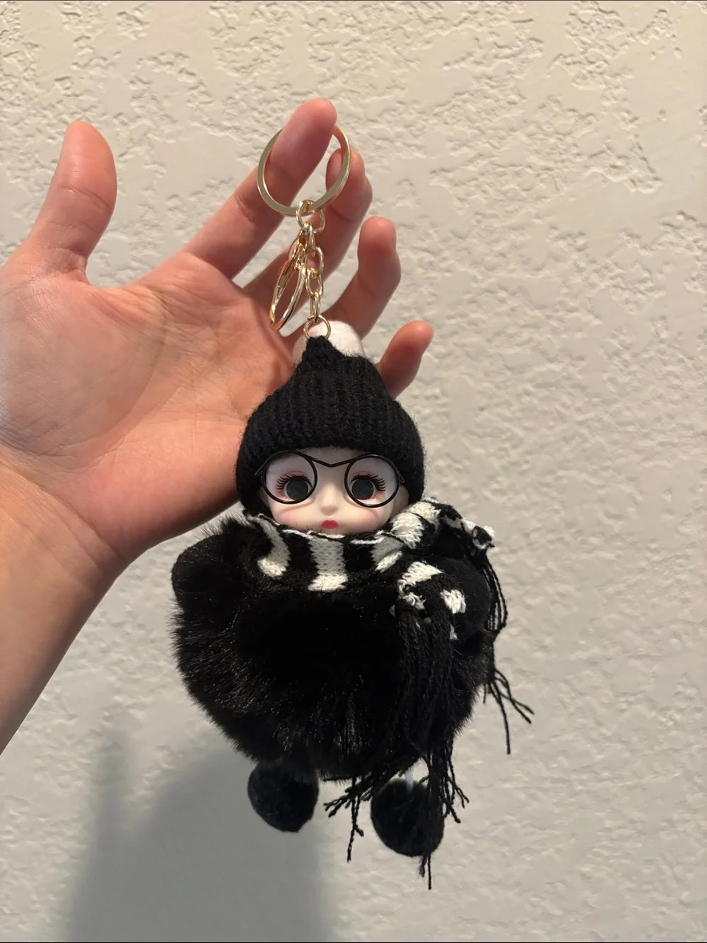 NWOT Plush Pom-Pom Doll Keychain with Black Knit Hat and Scarf